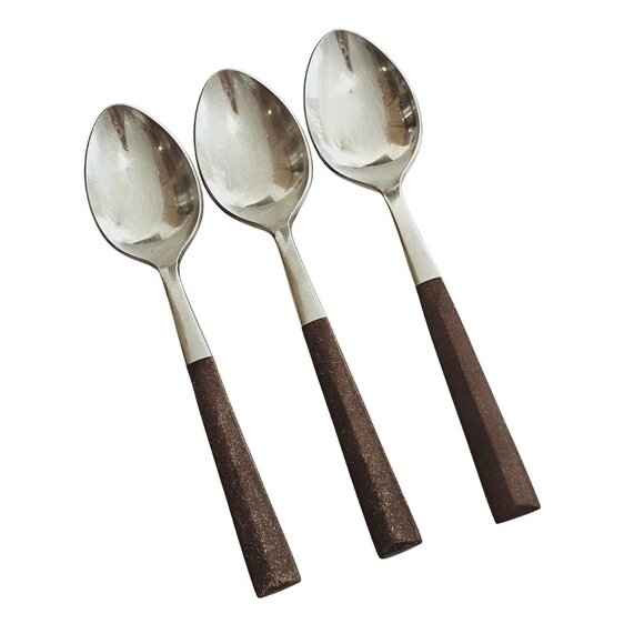 3 Woodwind Teaspoon Spoon 6" wood-like handle vtg midcentury boho minimalist mix - Picture 2 of 9